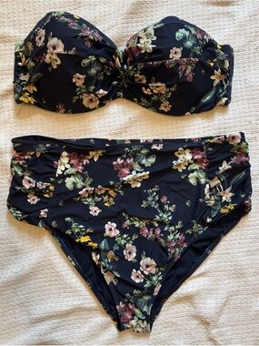 Floral Bandeau Bikini Set in Navy with Pastel Flowers